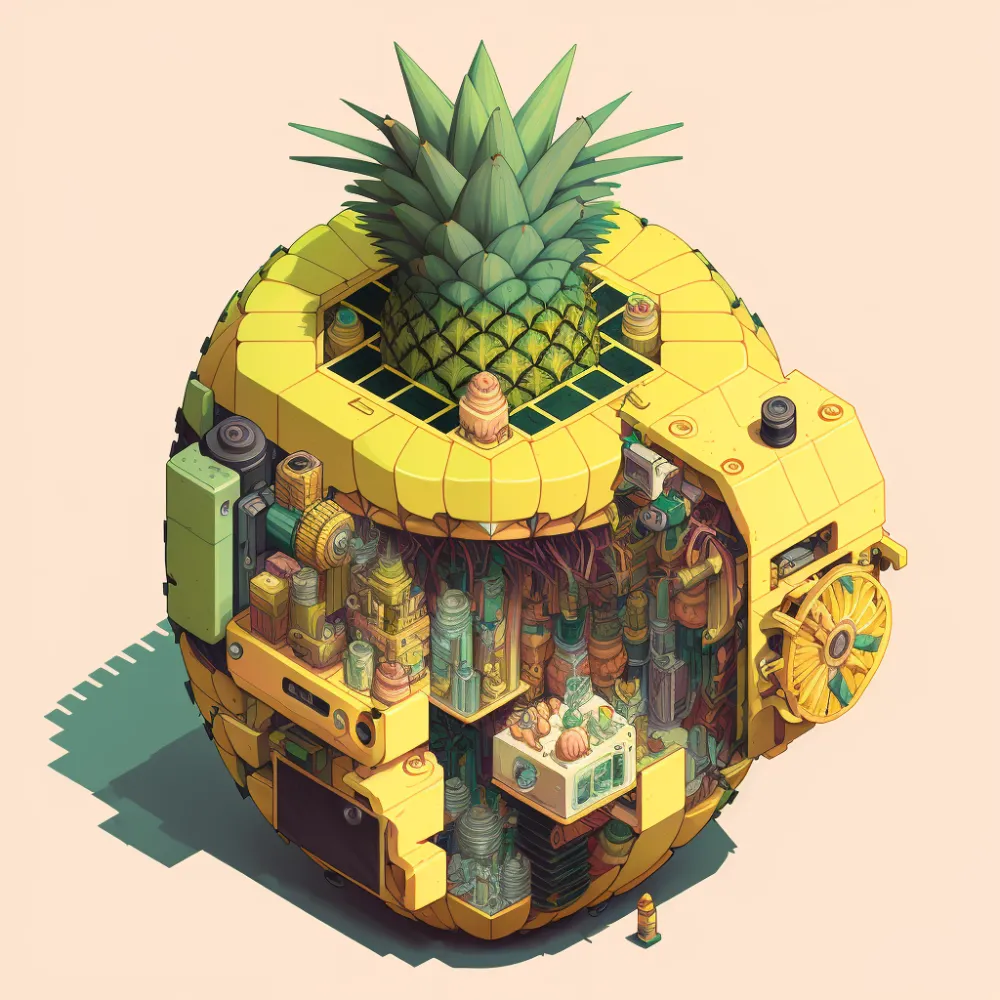 Isometric clean pixel art image cutaway of inside of a Pineapple