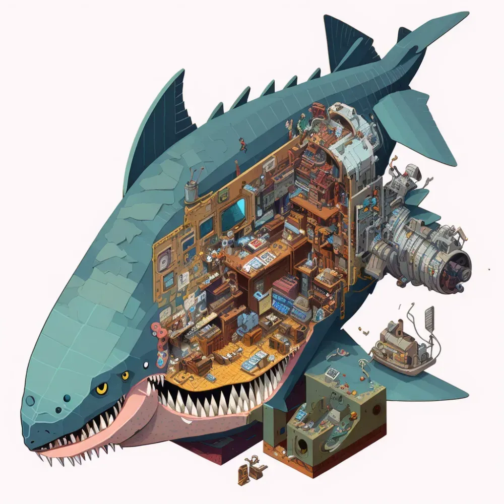 Isometric clean pixel art image cutaway of inside of a shark