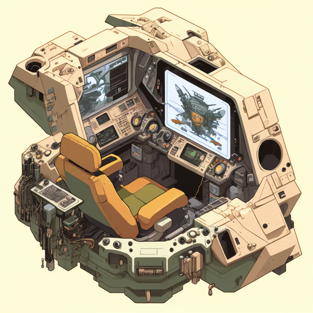 Isometric clean pixel art image cutaway of inside of mecha cockpit 