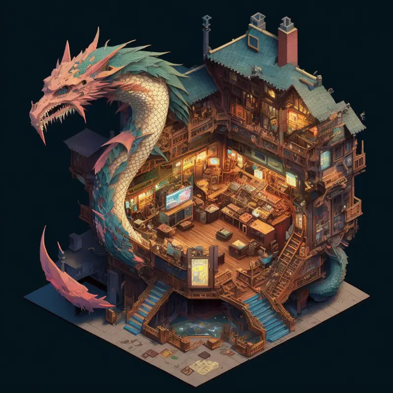 Isometric clean pixel art image cutaway of inside of a dragon slayer guild fused with a mechanical dragon