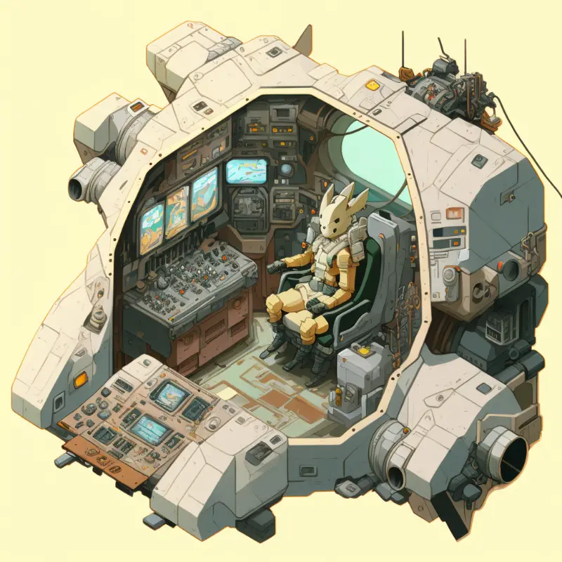 Isometric clean pixel art image cutaway of futuristic mecha pilot cockpit