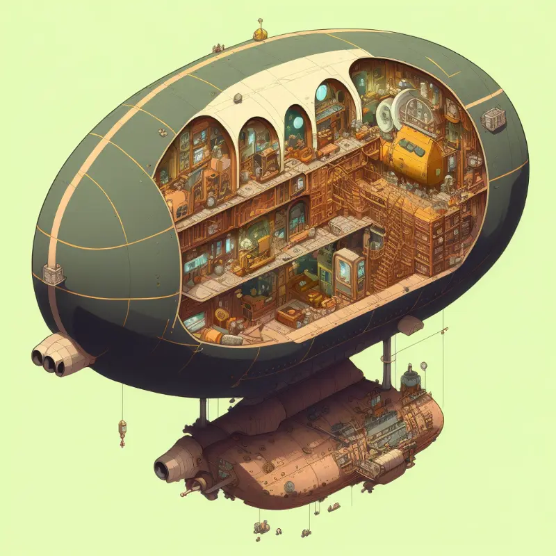 Isometric clean pixel art image cutaway of inside of blimp airship