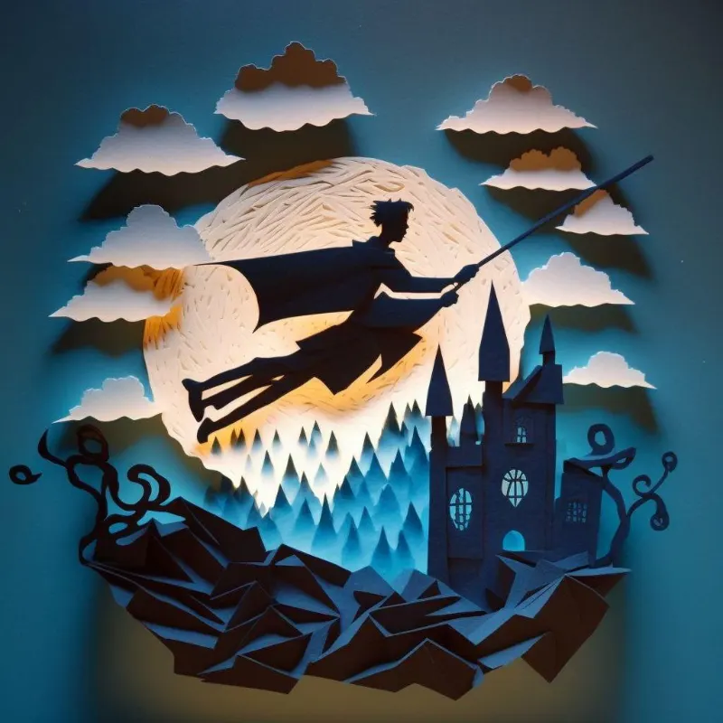 layered paper art, Harry Potter on broomstick in the sky, diorama, volumetric lighting