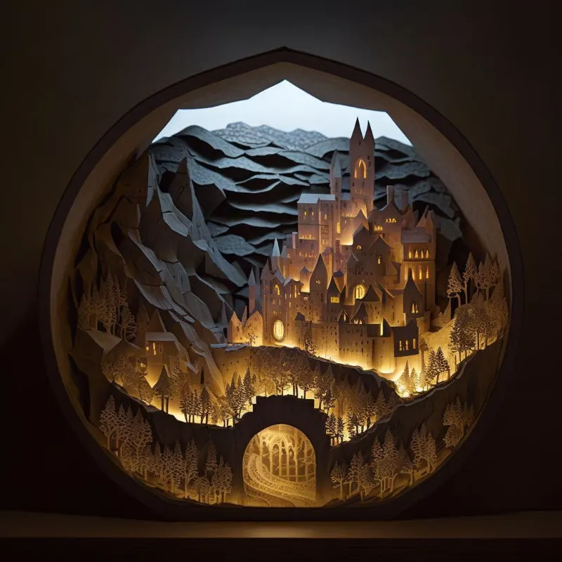 layered paper art, Hogwarts castle on a hill from Harry Potter, diorama, volumetric lighting, diorama, product photography