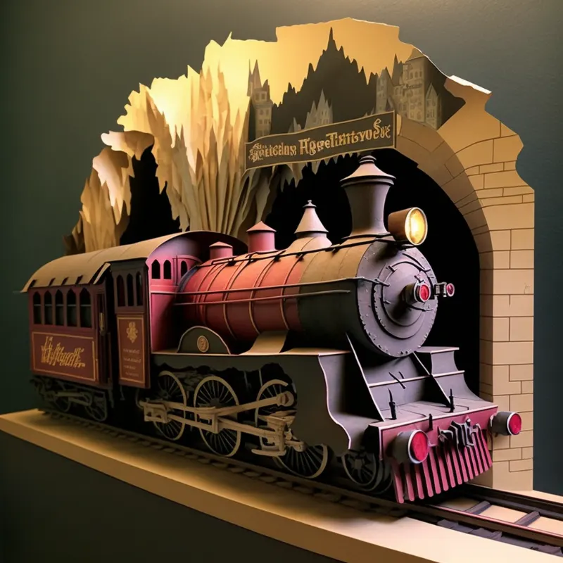 layered paper art, Hogwarts express train, diorama, paper art