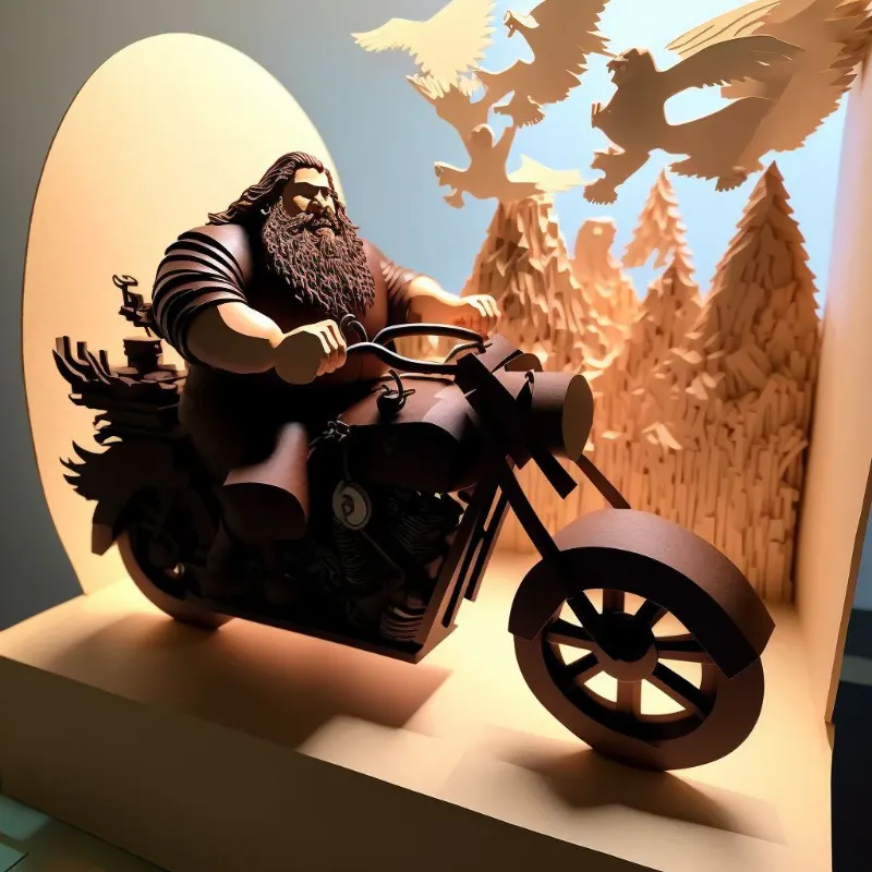 layered paper art, Hagrid on motorcycle in the air, diorama