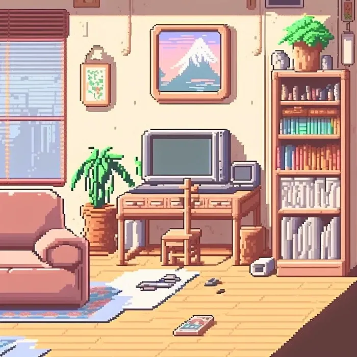 16 bit pixel art, cute interior of Japanese apartment, soft colors